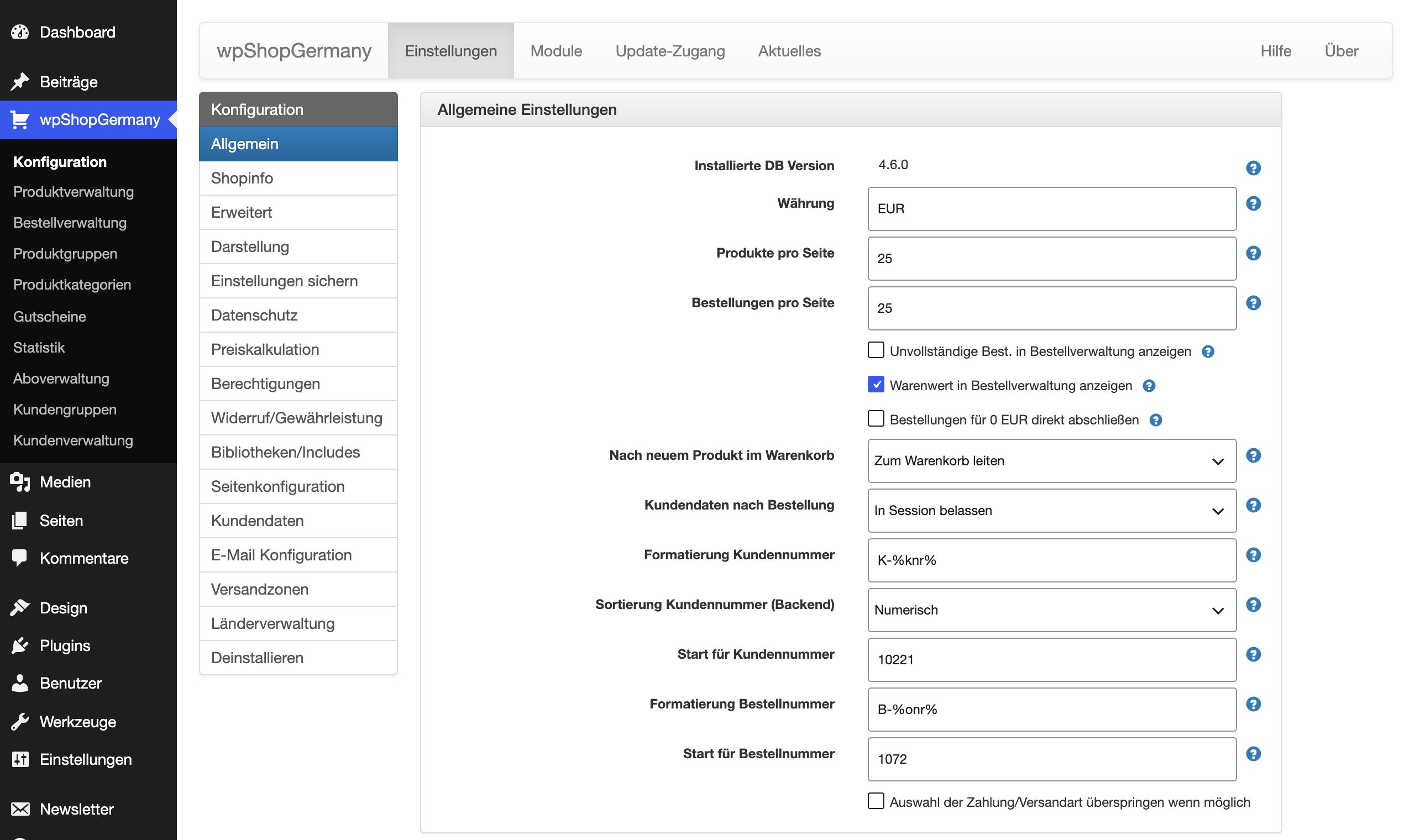 Menüpunkt wpShopGermany mit Unterpunkten und der Konfiguration