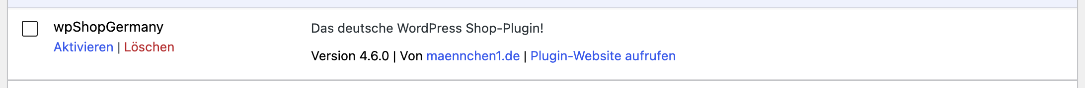 wpShopGermany in der Pluginverwaltung mit dem Link „Aktivieren“