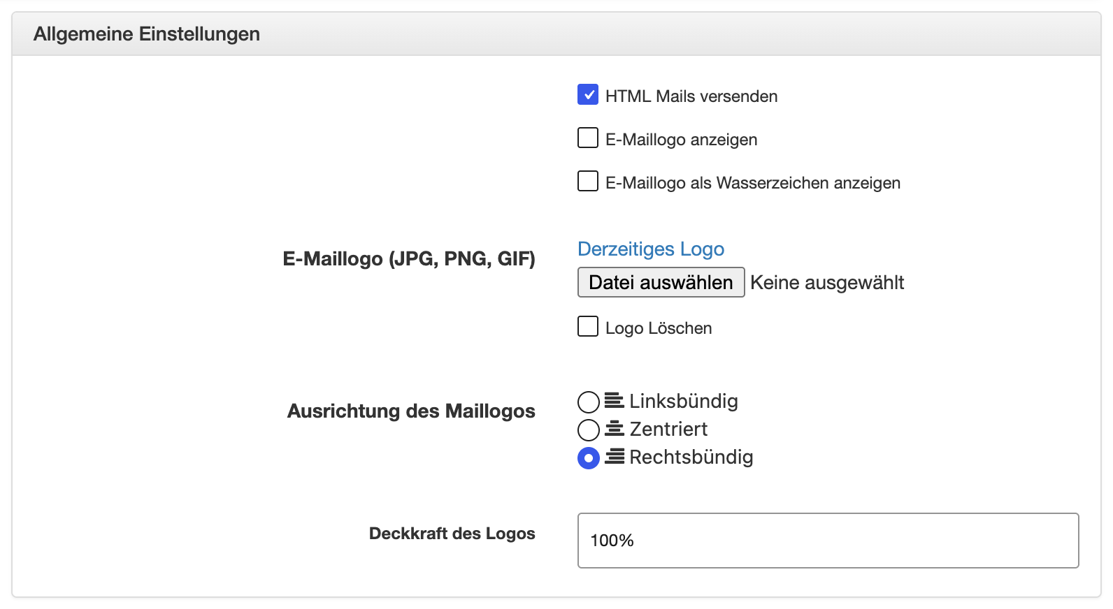 Allgemeine Einstellungen der E-Mail-Konfiguration mit hochgeladenem Logo