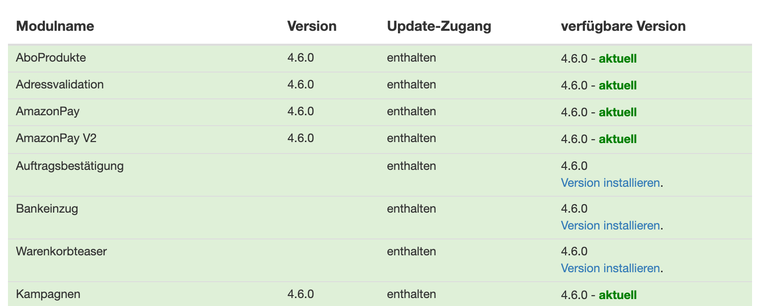 Modultabelle mit Versionen und dem Link „Version installieren“