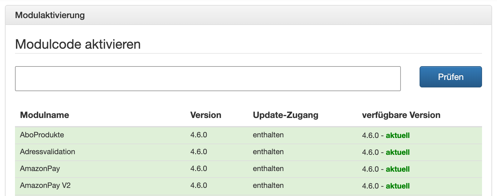 Modulaktivierung im Reiter „Update-Zugang“ mit Eingabefeld und freigeschalteten Modulen