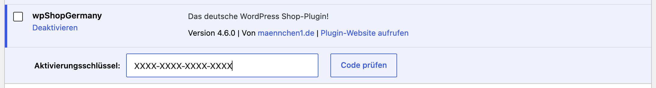 Feld „Aktivierungsschlüssel“ mit dem Button „Code prüfen“ (Schlüssel unkenntlich)