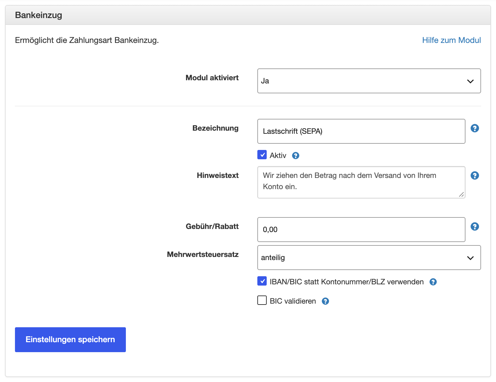 Einstellungen des Moduls Bankeinzug