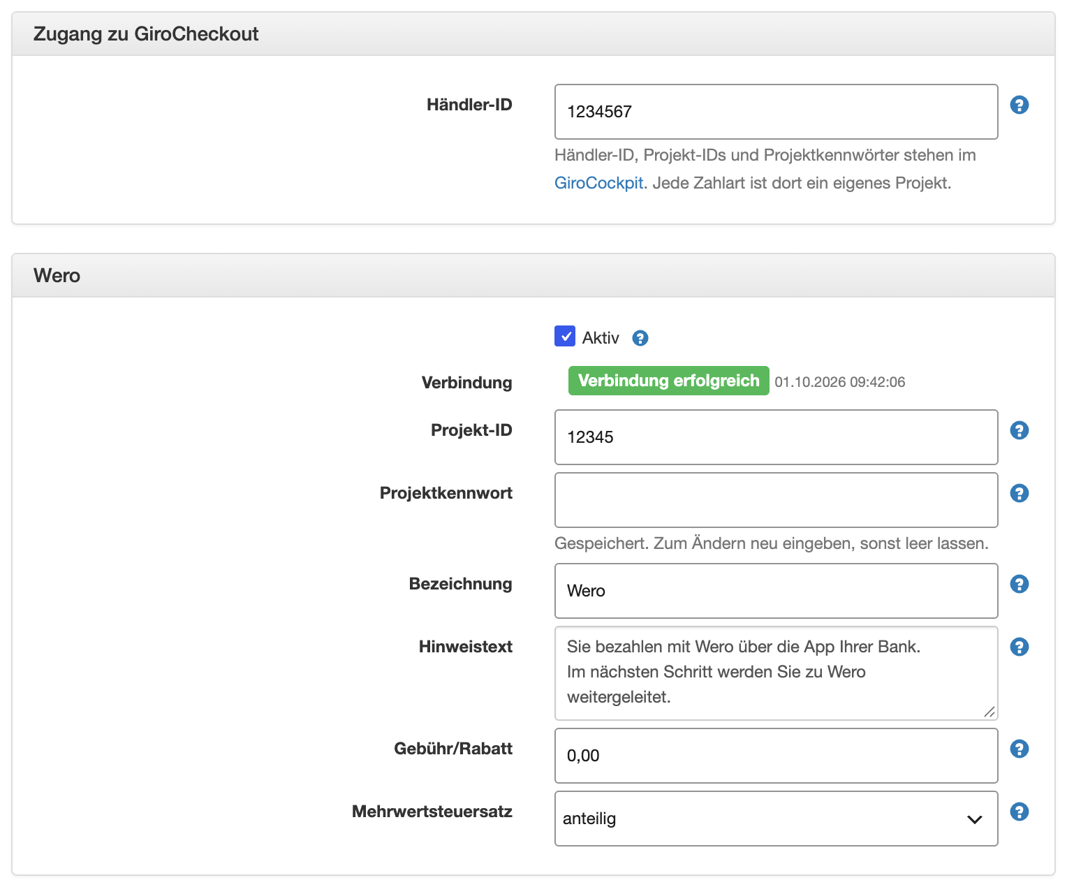 Kästen „Zugang zu GiroCheckout“ und „Wero“ mit „Verbindung erfolgreich“