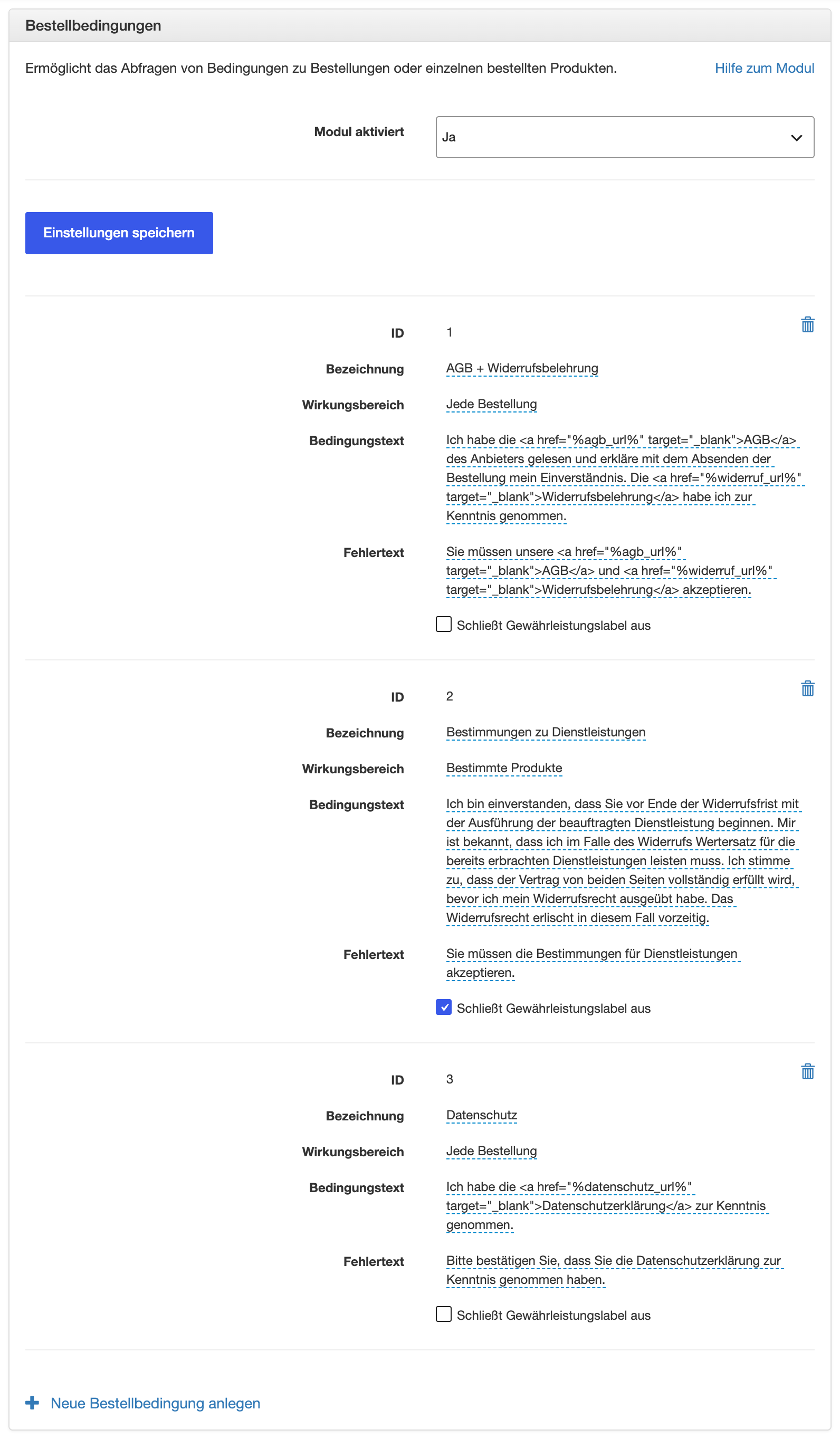 Liste der Bestellbedingungen in den Moduleinstellungen