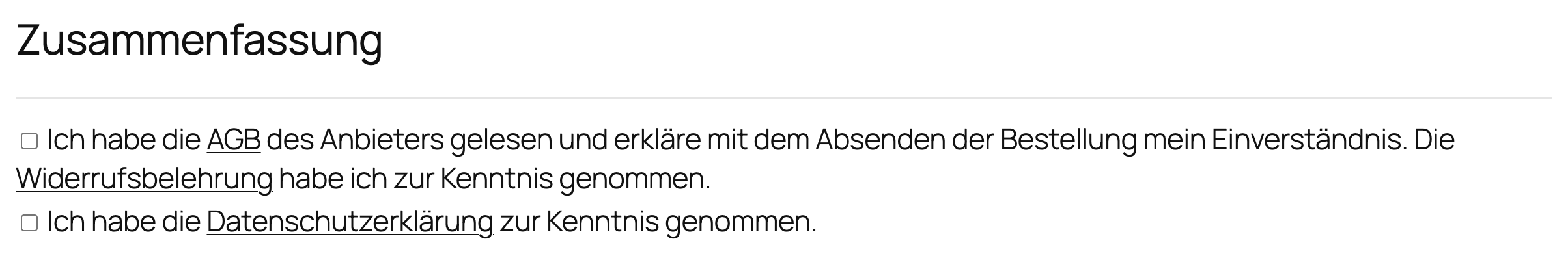 Bestellbedingungen in der Bestellübersicht