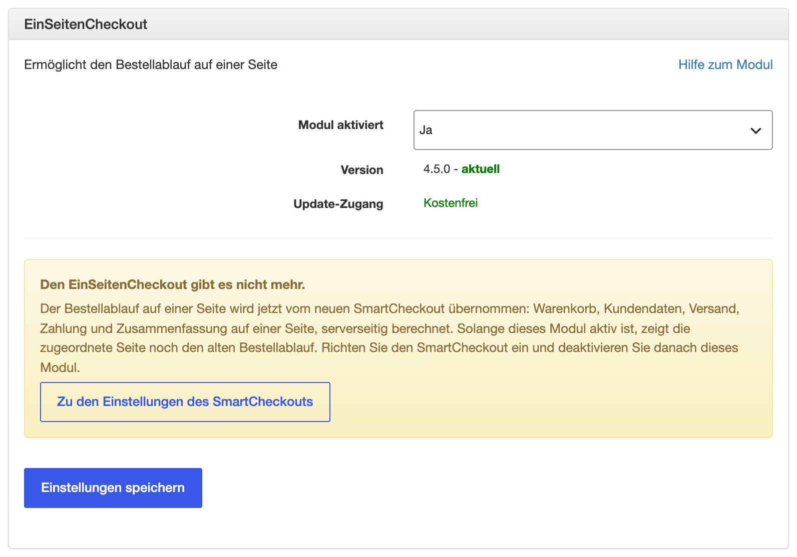 Einstellungsseite des Moduls EinSeitenCheckout mit Hinweis