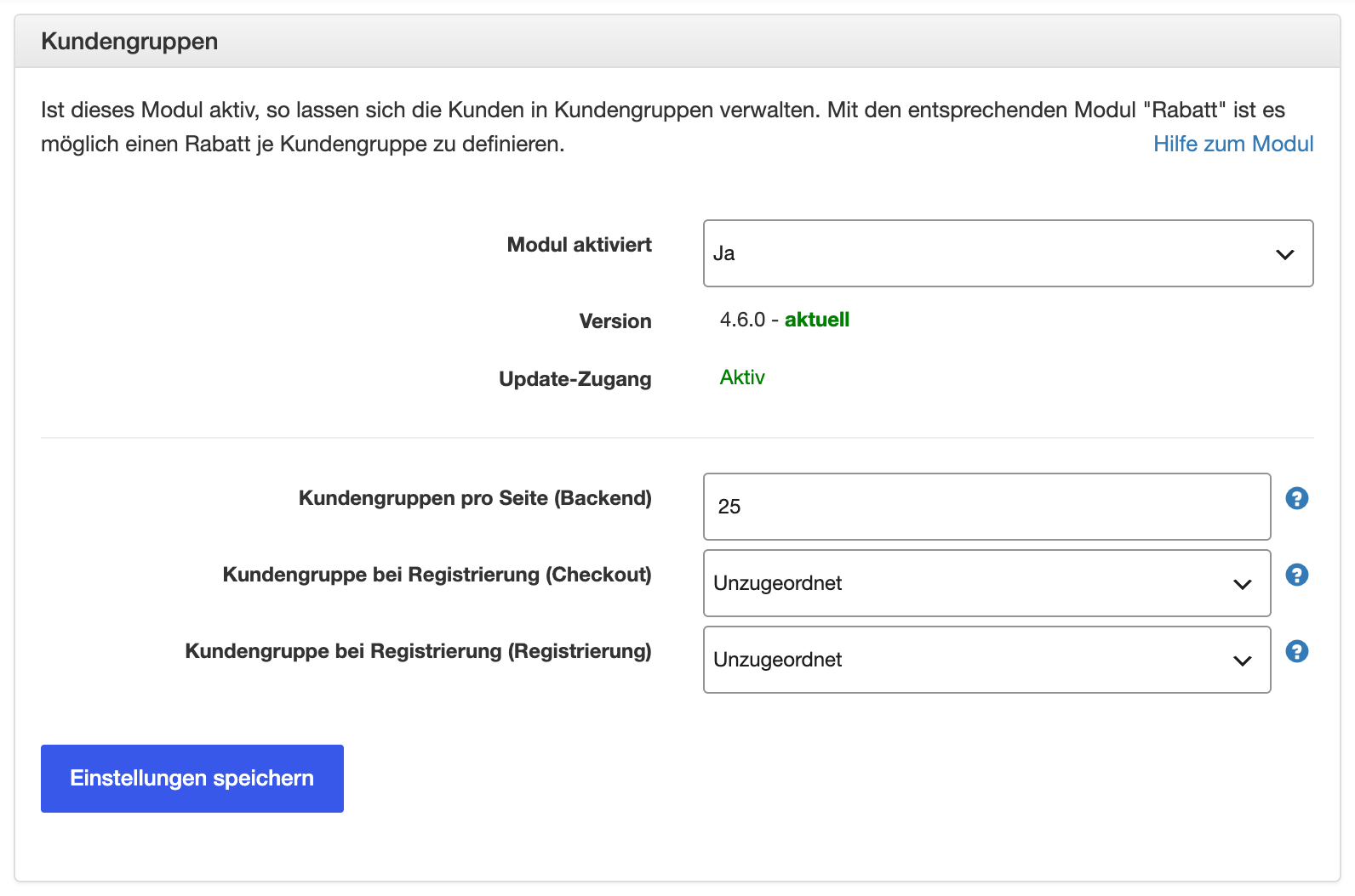 Einstellungen des Moduls Kundengruppen