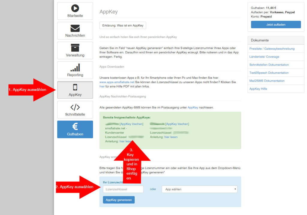 AppKey bei smsflatrate erzeugen