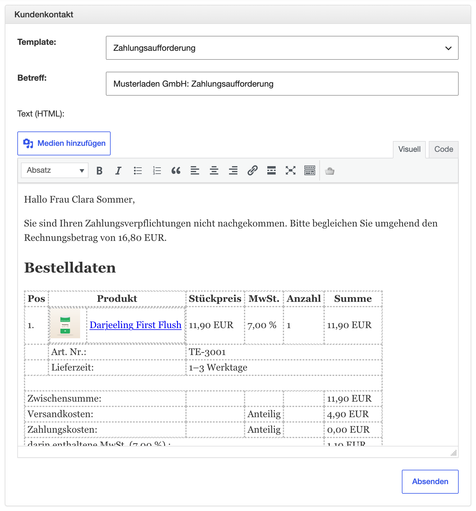 Bereich Kundenkontakt in der Bestellansicht