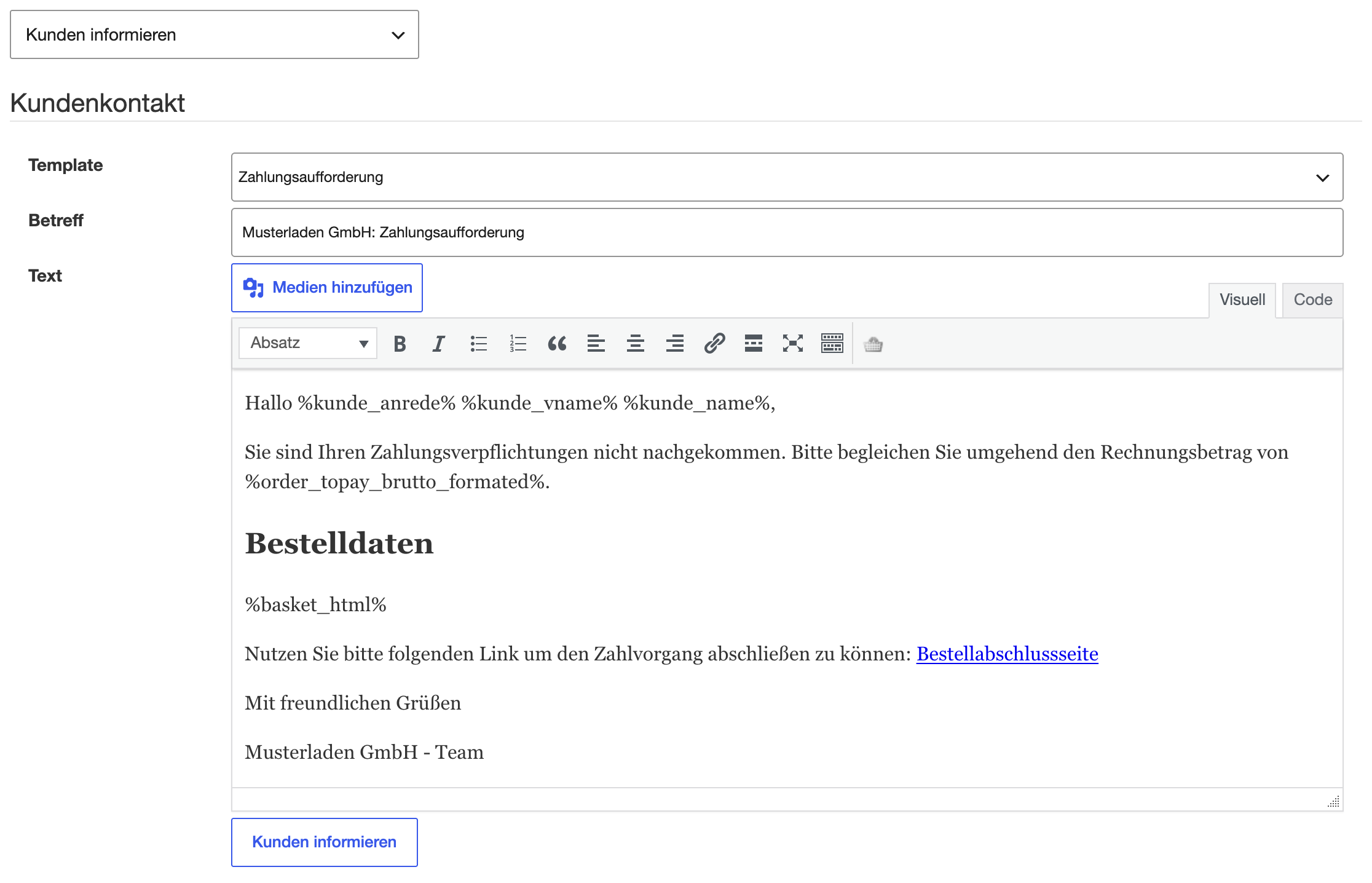Bereich Kundenkontakt unter der Bestellliste