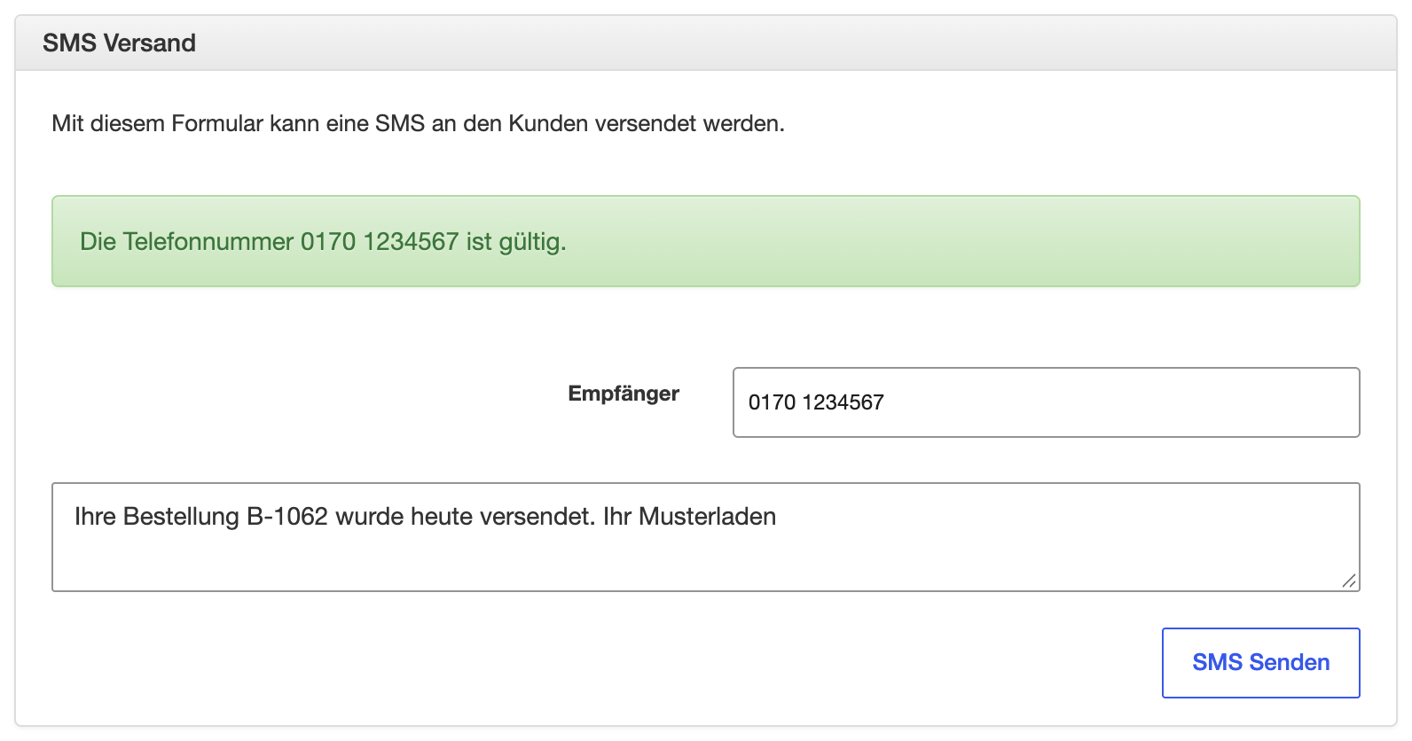SMS-Versand in der Bestellansicht
