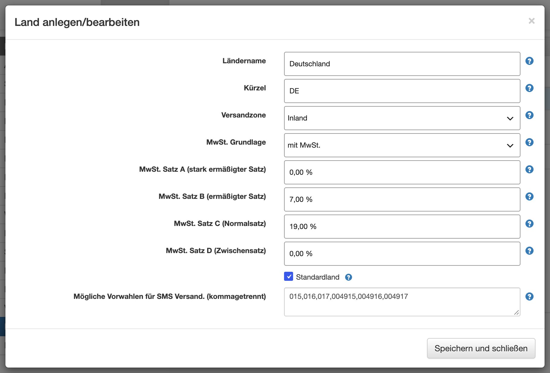 Vorwahlen für SMS in der Länderverwaltung