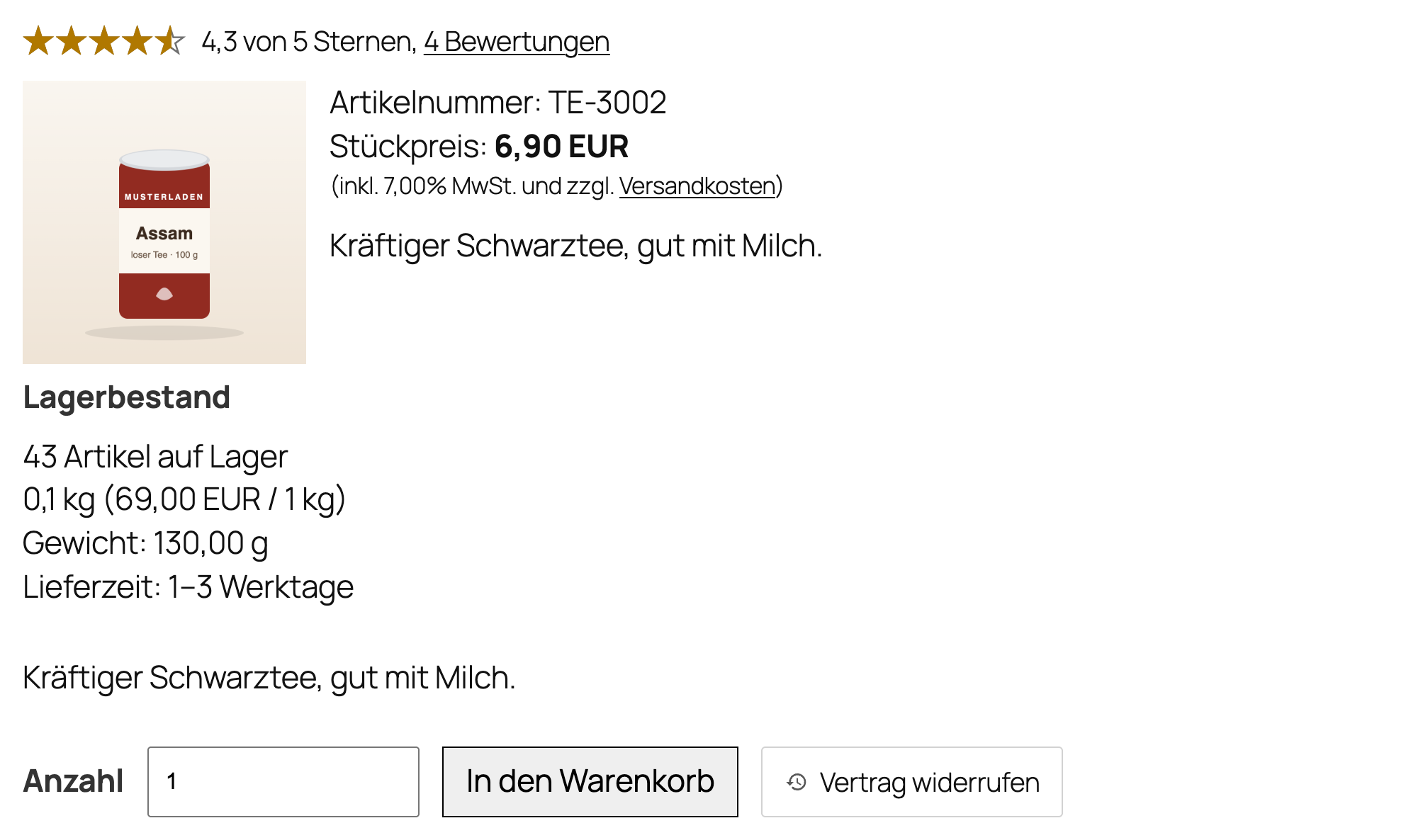 Lieferzeit auf der Produktseite im Shop