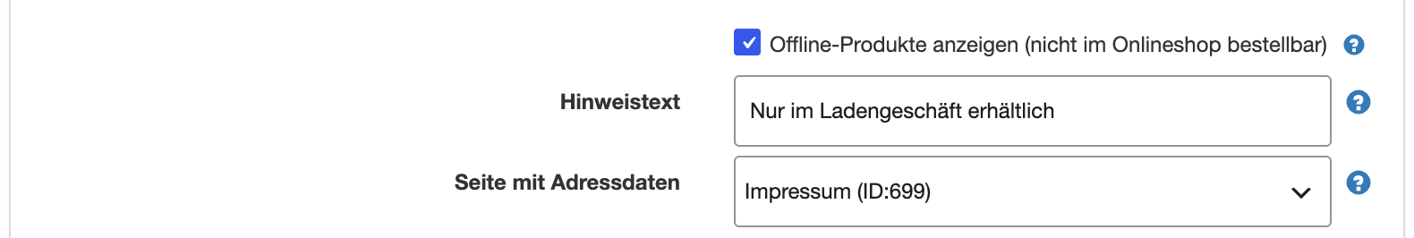Einstellungen für Offlineprodukte