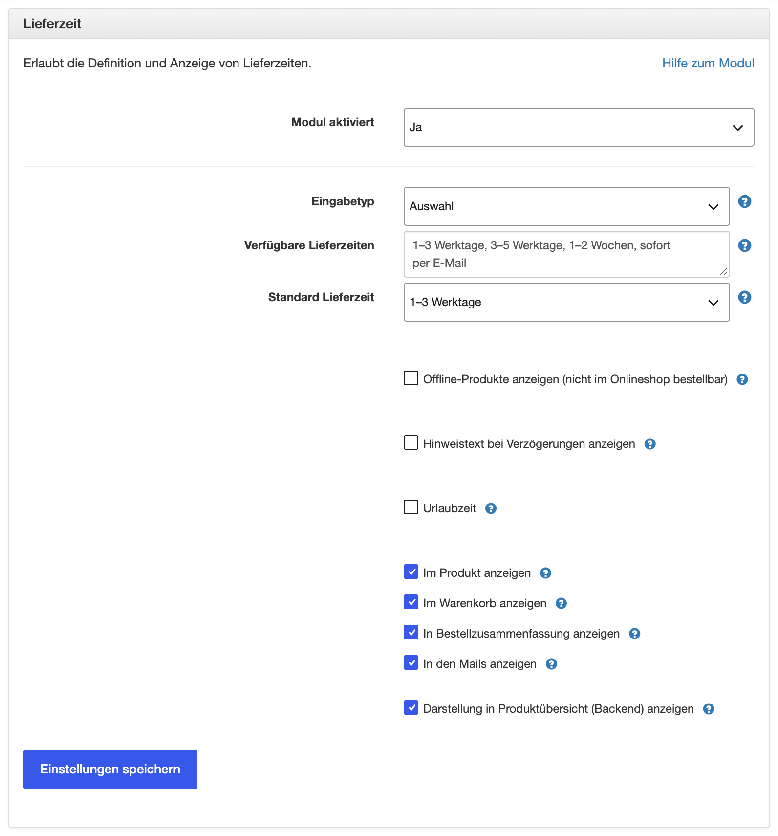 Einstellungen des Moduls Lieferzeiten