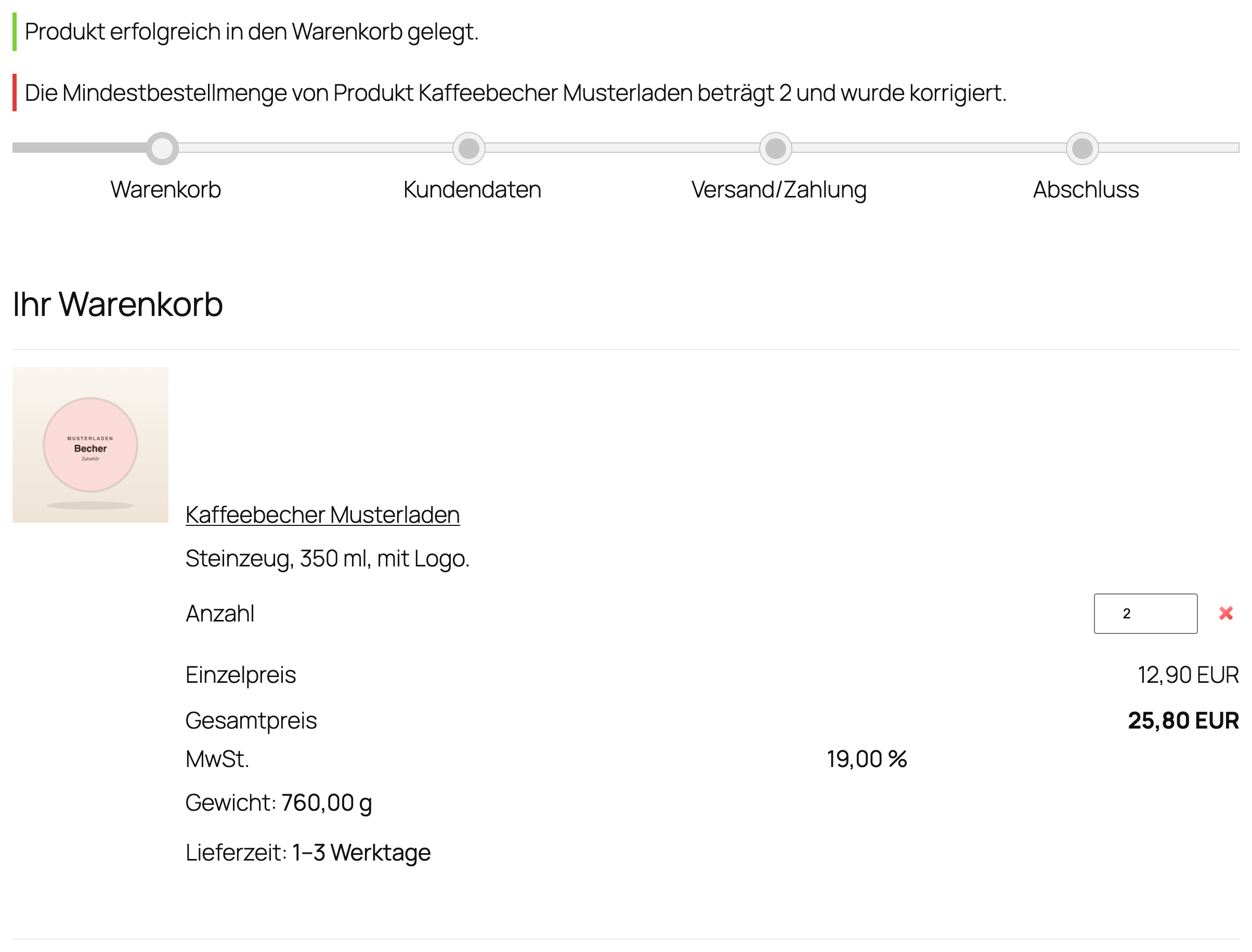 Hinweis im Warenkorb nach Korrektur auf die Mindestbestellmenge