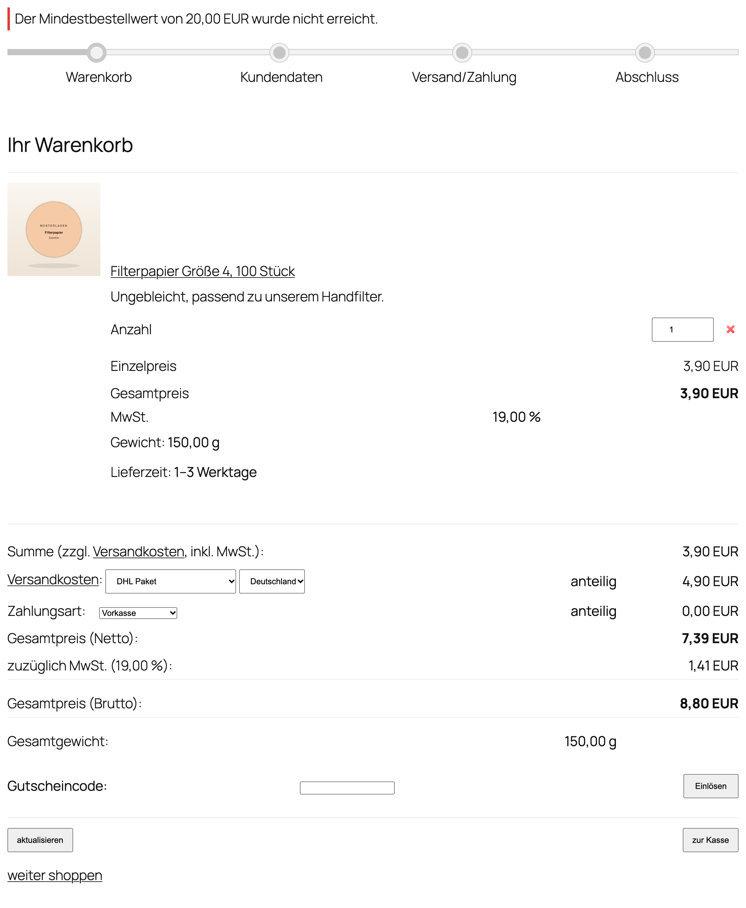 Meldung im Warenkorb bei nicht erreichtem Mindestbestellwert