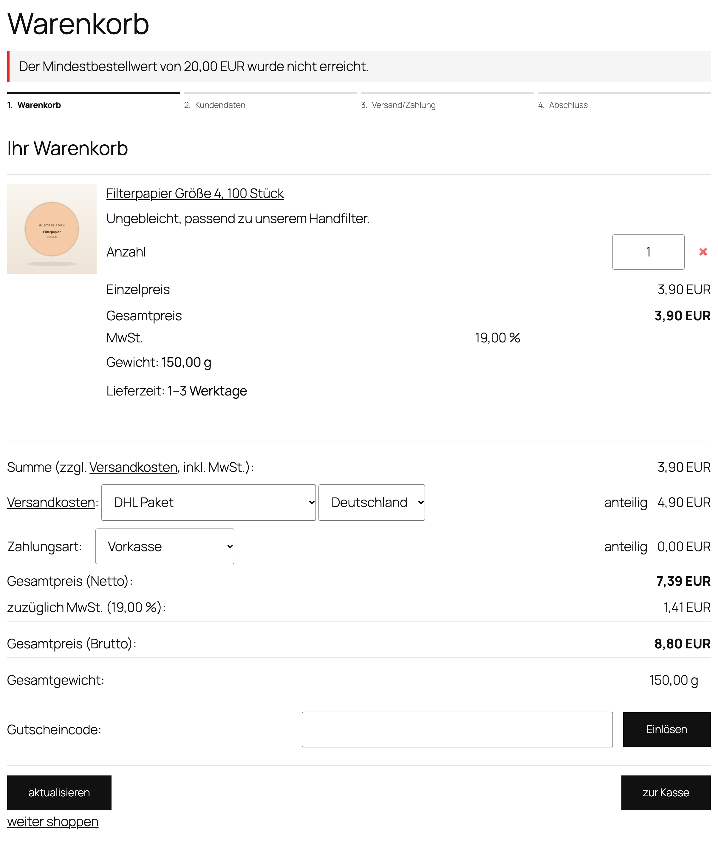 Meldung im Warenkorb bei nicht erreichtem Mindestbestellwert
