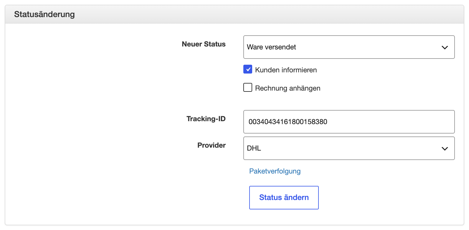 Tracking-ID und Anbieter im Kasten Statusänderung der Bestellansicht