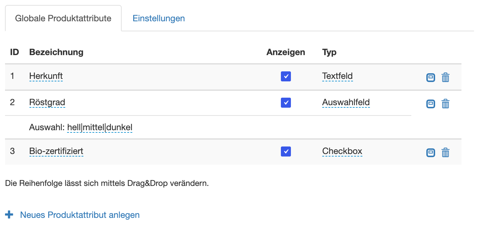 Liste der Produktattribute mit Auswahl des Typs