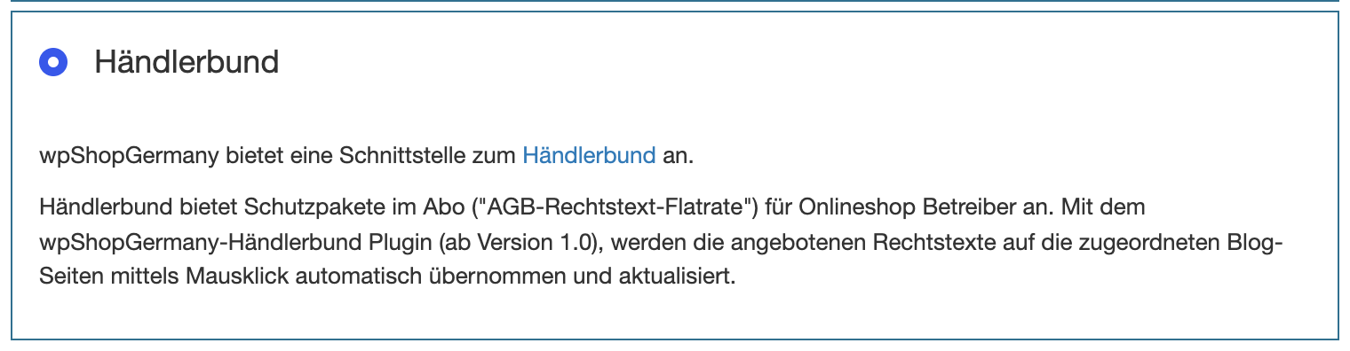 Anbieter Händlerbund im Modul Rechtstexte ohne installiertes Plugin