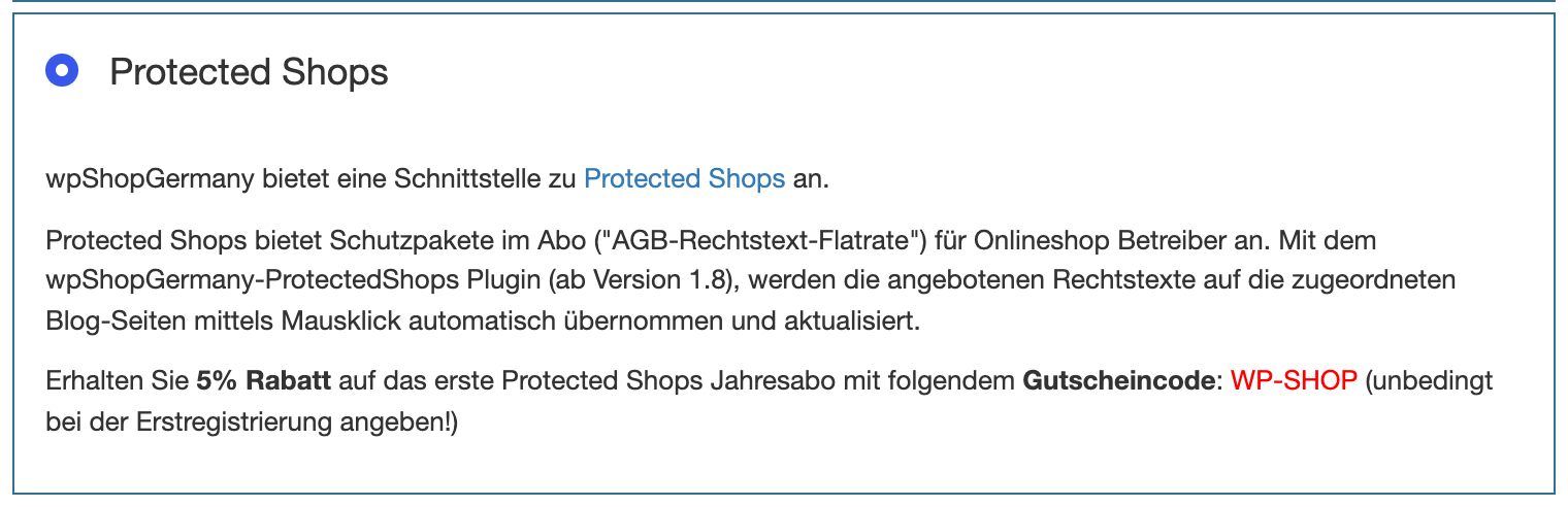 Anbieter Protected Shops im Modul Rechtstexte ohne installiertes Plugin