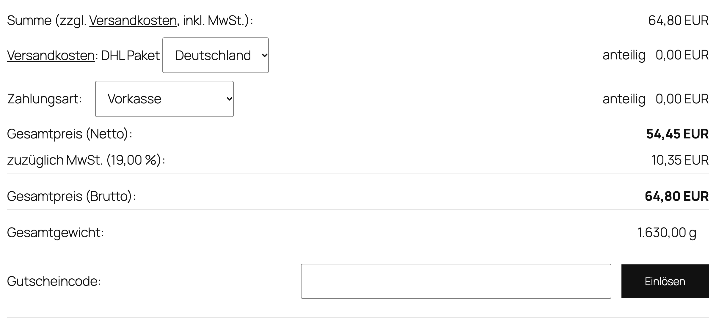 Warenkorb mit der gemeinsamen Versandart