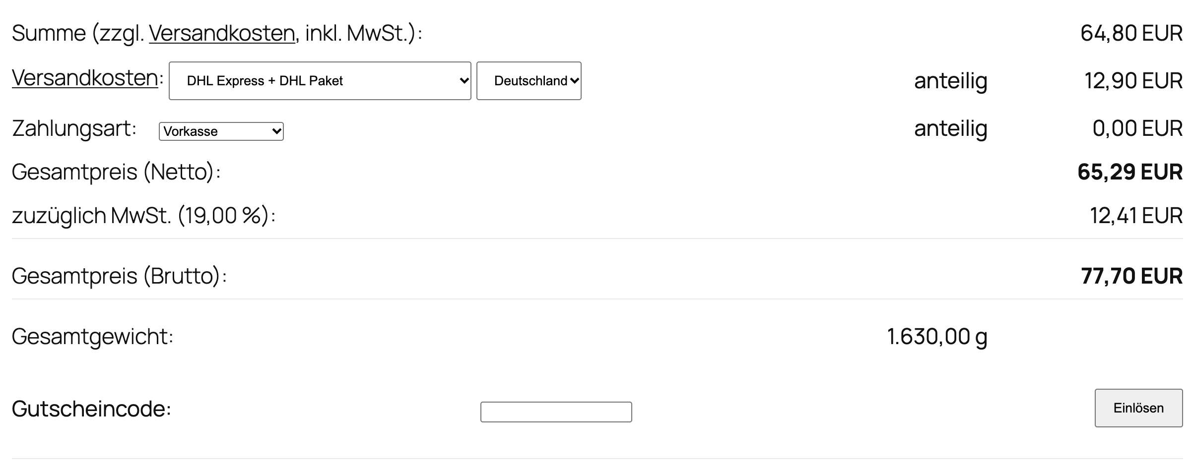 Warenkorb mit zusammengesetzter Versandart