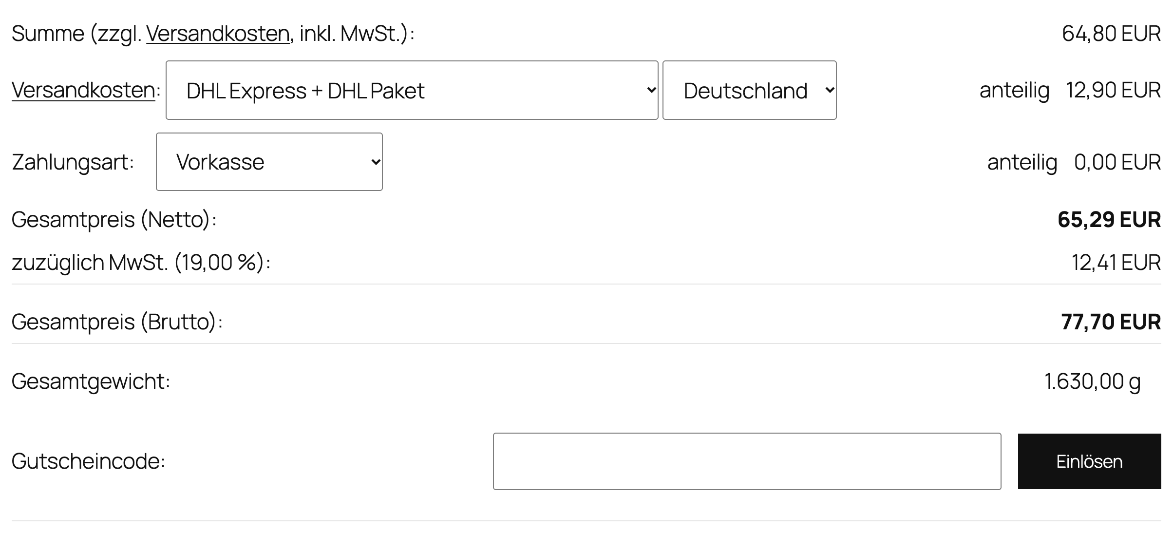 Warenkorb mit zusammengesetzter Versandart