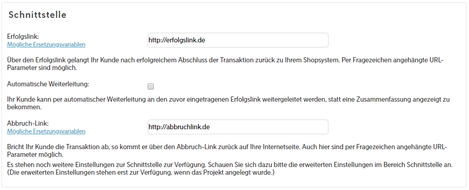 Erfolgs- und Abbruch-Link im SOFORT-Projekt