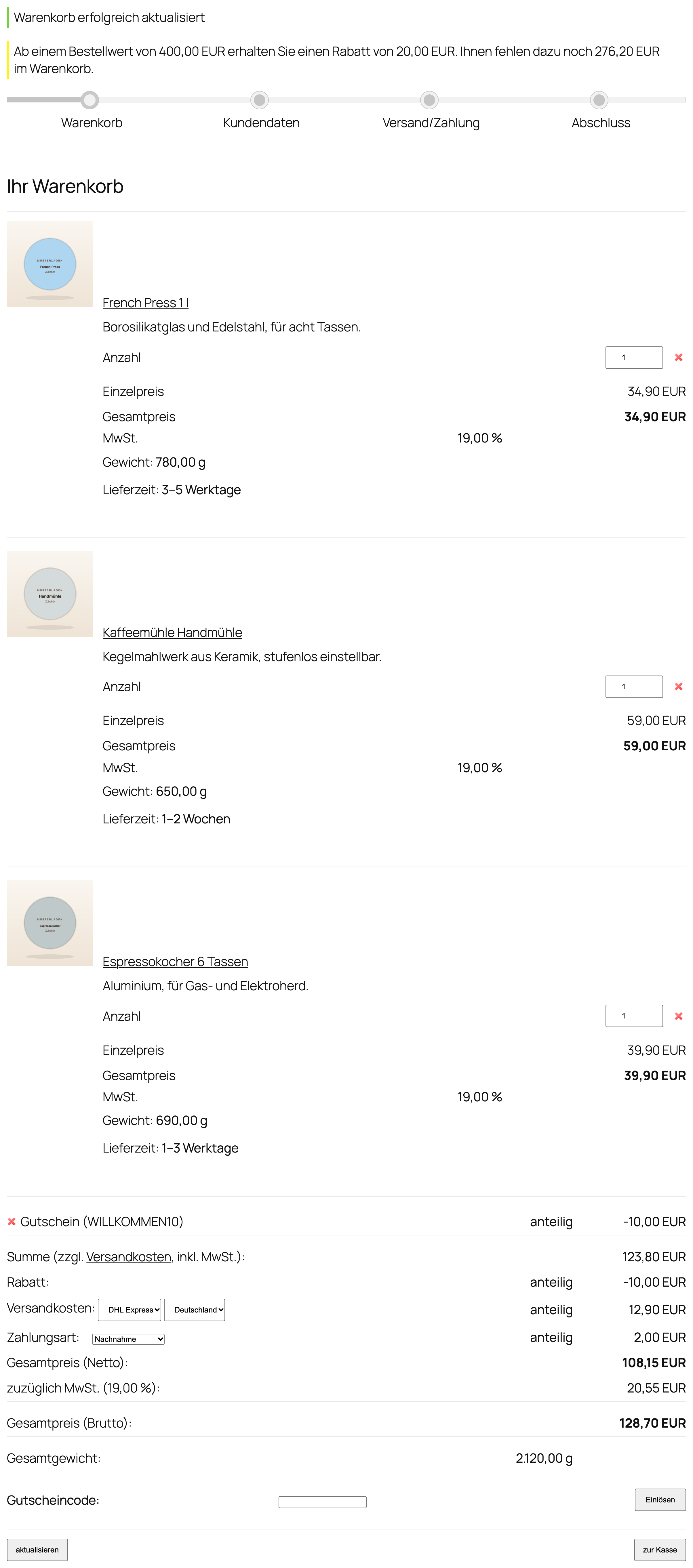 Warenkorb mit Gutschein und Rabatt