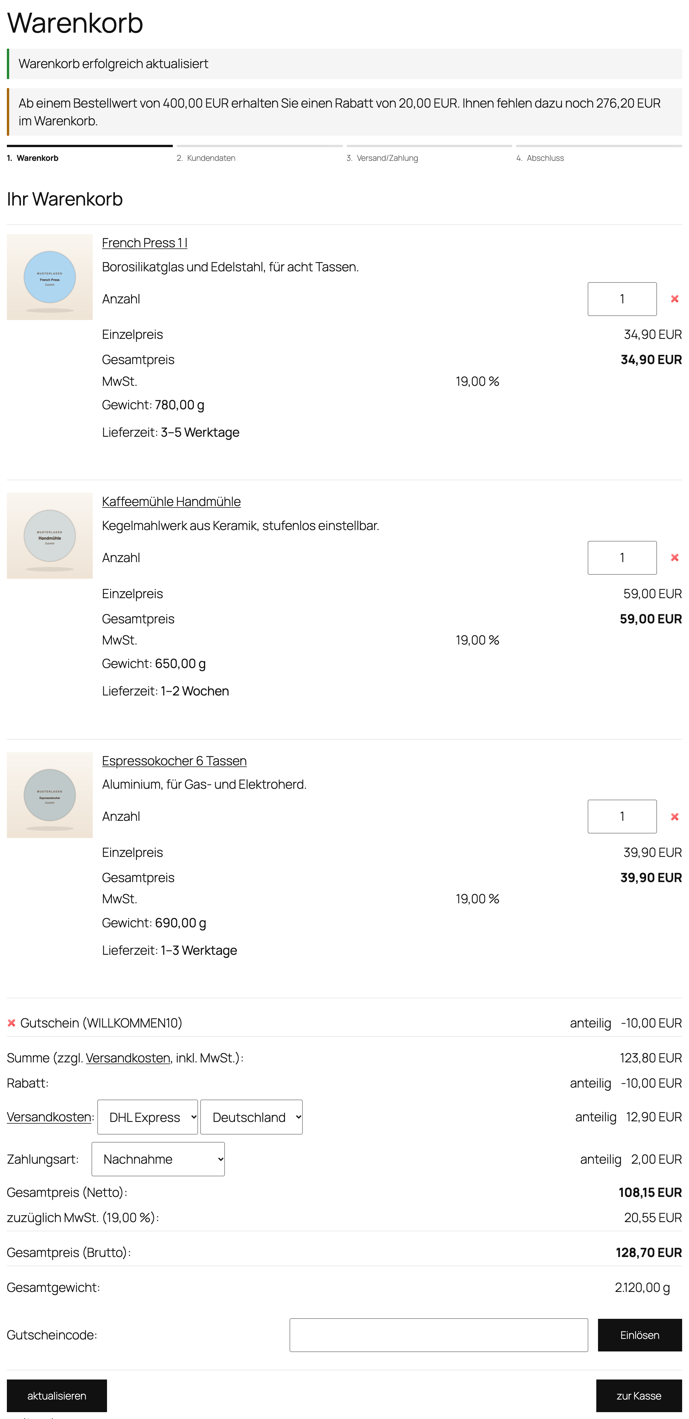 Warenkorb mit Gutschein und Rabatt