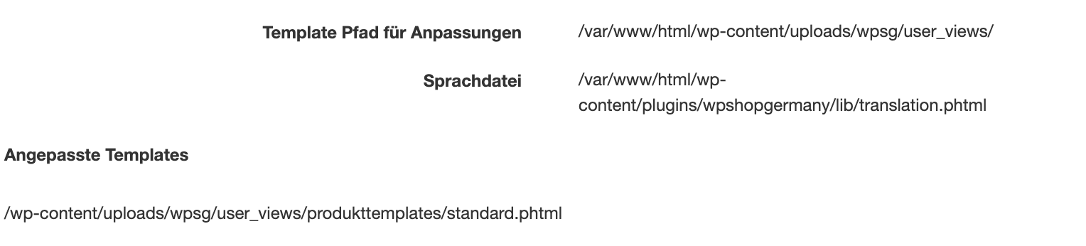 Template Pfad für Anpassungen und Liste der angepassten Templates