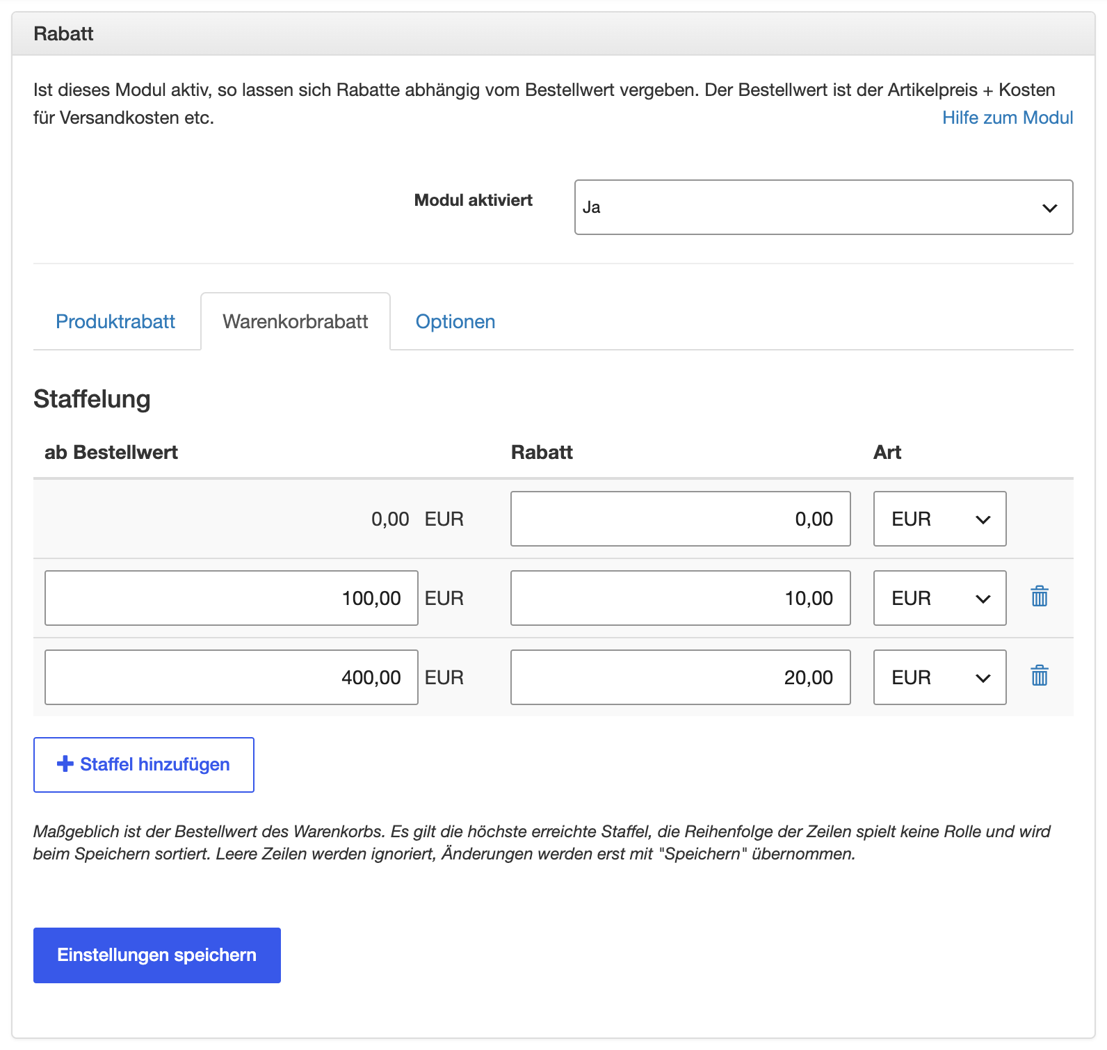Rabattstaffelung im Modul Rabatt