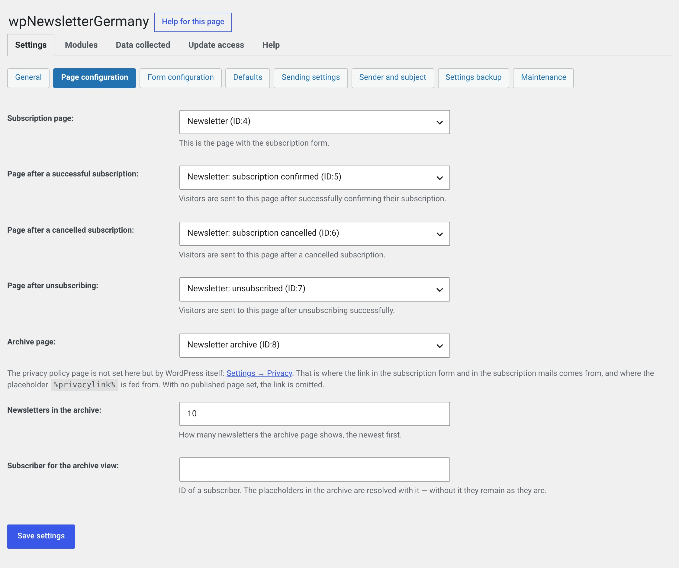 The page configuration with all five pages entered
