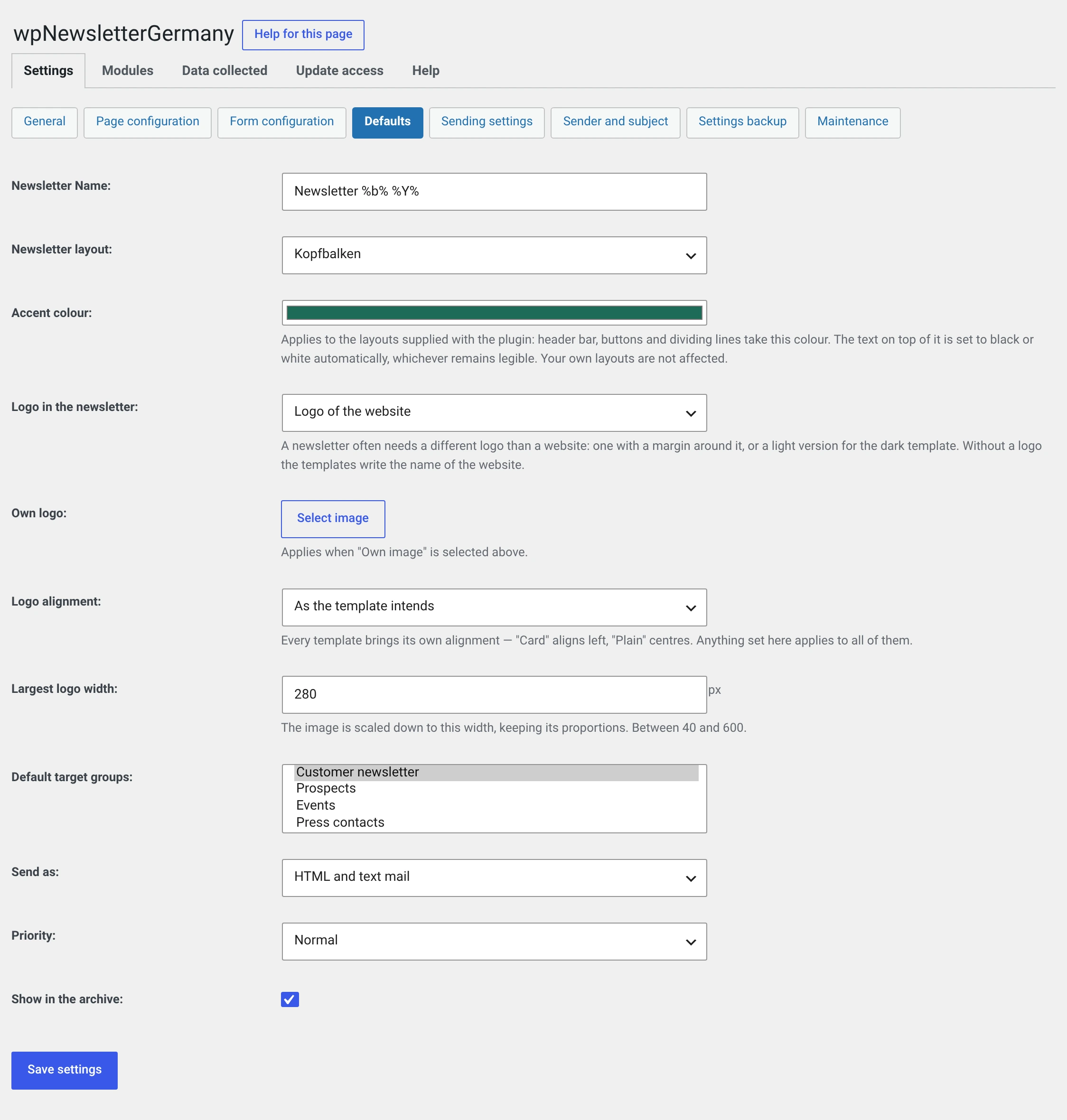 The Defaults page