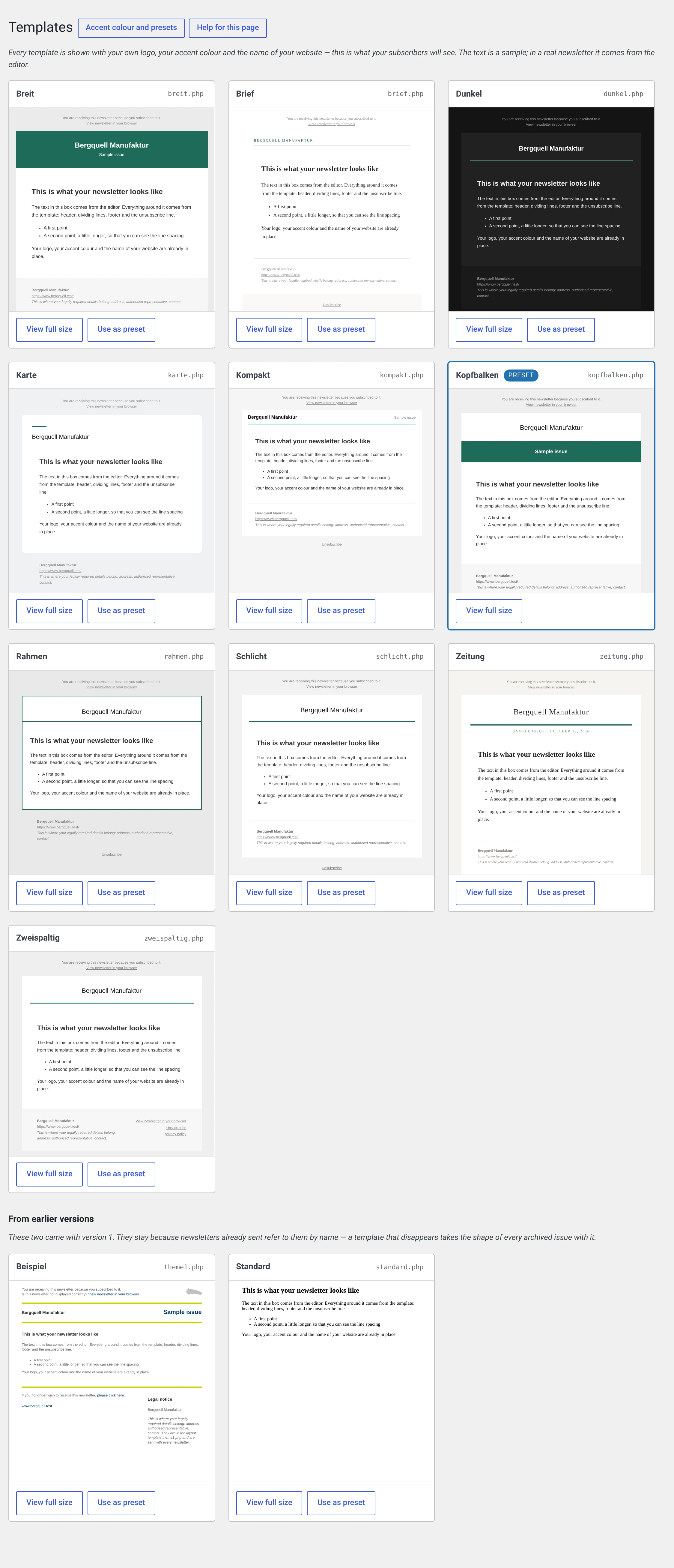 The template gallery with all layouts