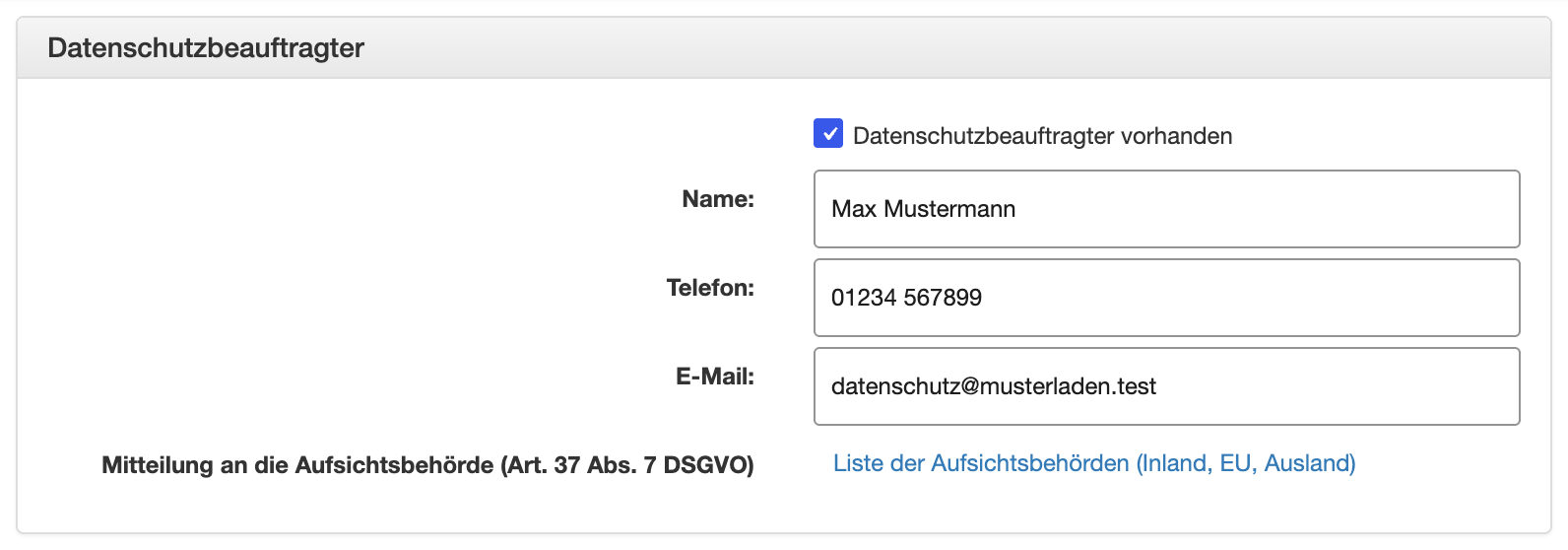 Kasten „Datenschutzbeauftragter“ mit Name, Telefon und E-Mail