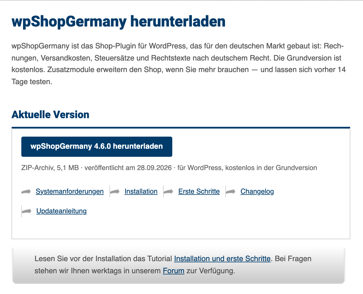 Downloadseite von wpShopGermany mit der aktuellen Version
