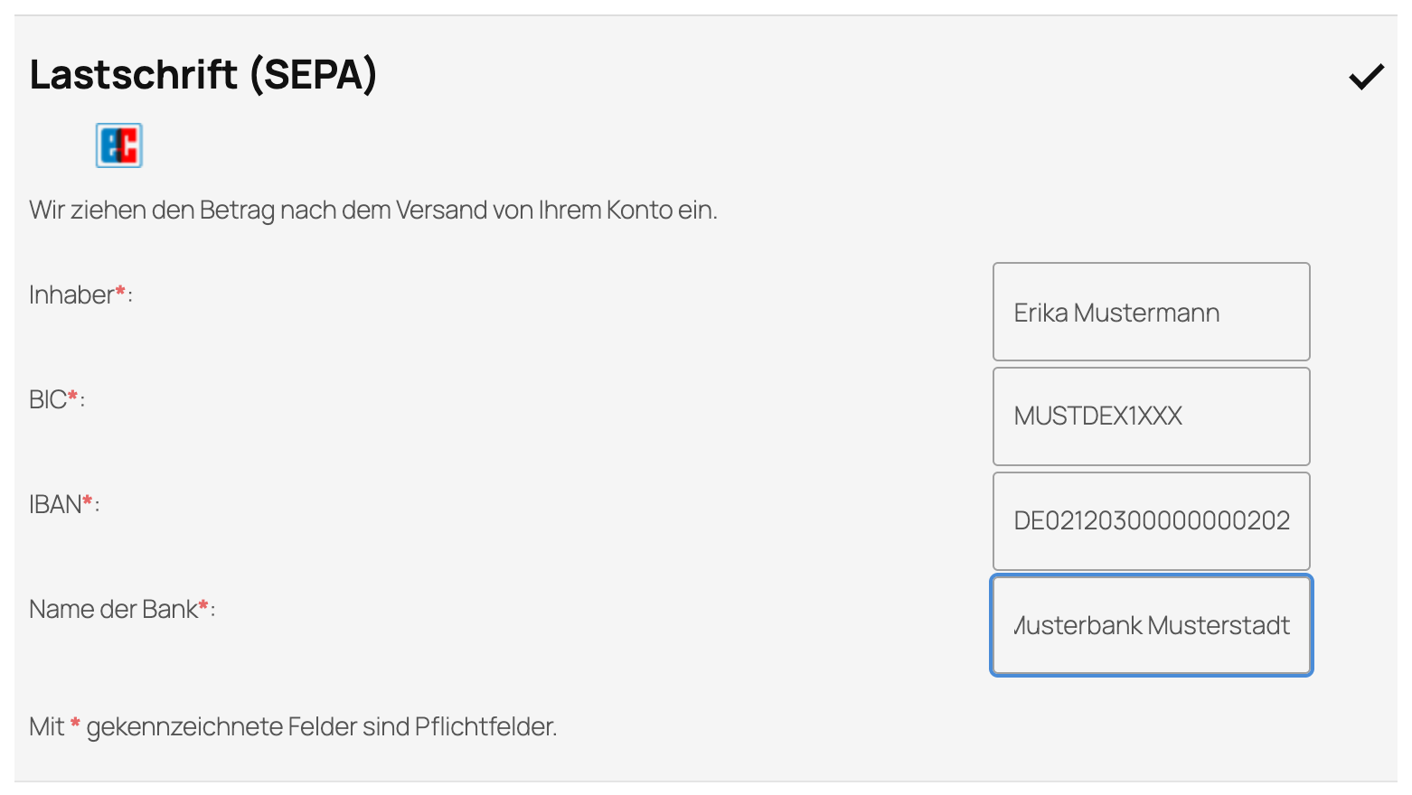 Bankdaten im Checkout bei Zahlungsart Bankeinzug