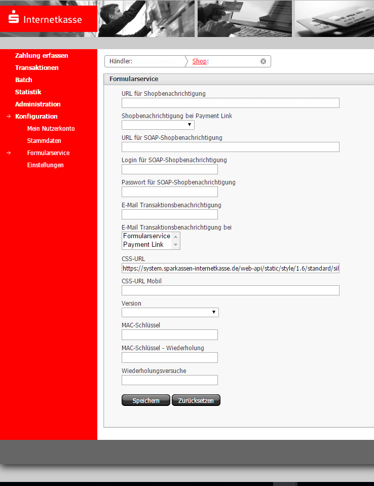 Händlerinterface der Sparkassen-Internetkasse: Konfiguration → Formularservice