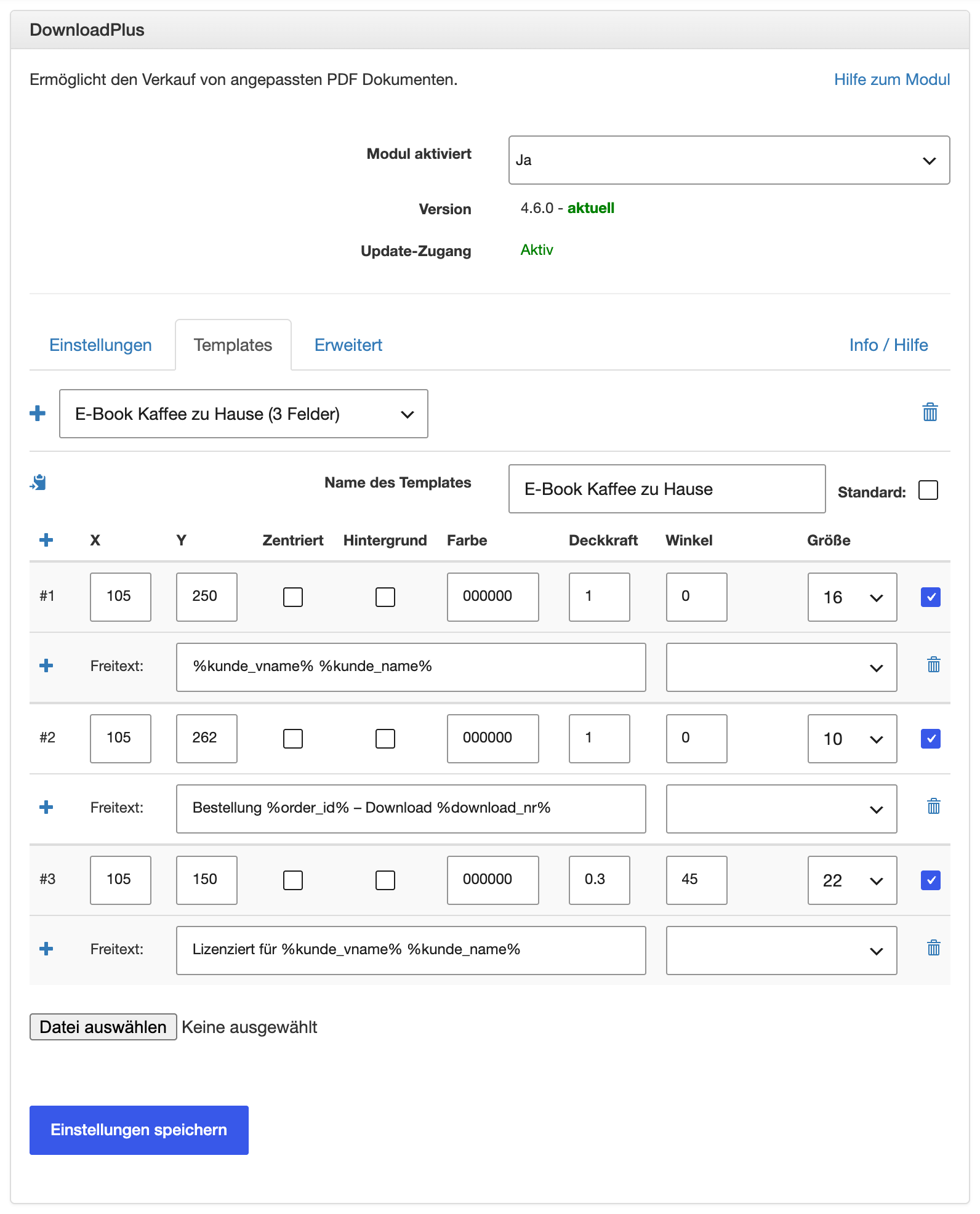Textfelder eines Templates