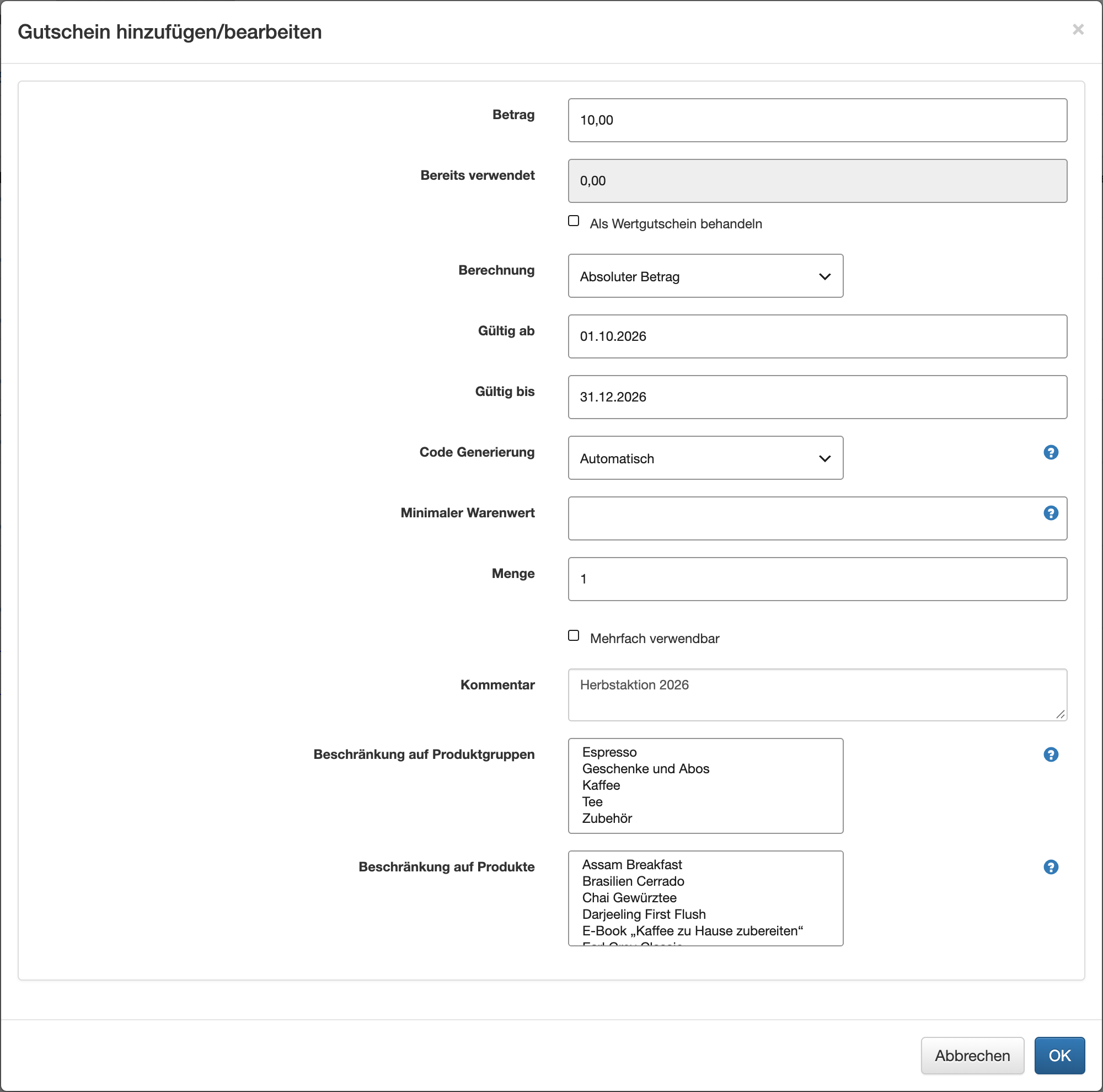 Neuen Gutschein anlegen
