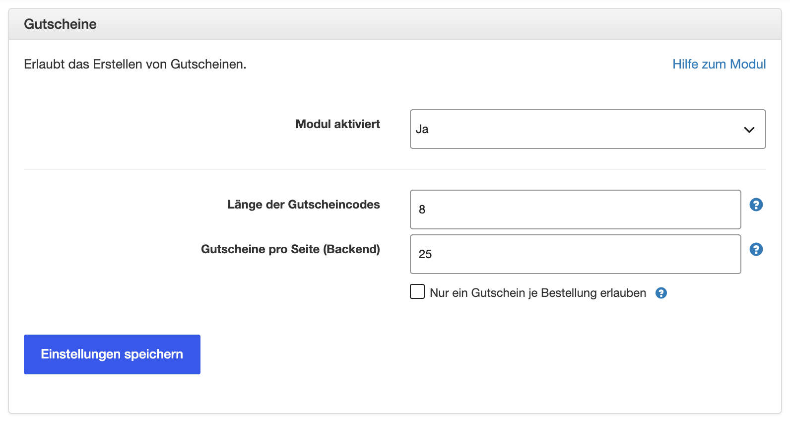 Einstellungen des Moduls Gutscheine