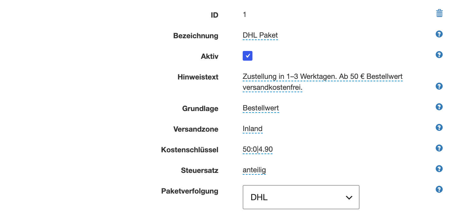 Auswahl Paketverfolgung bei einer Versandart