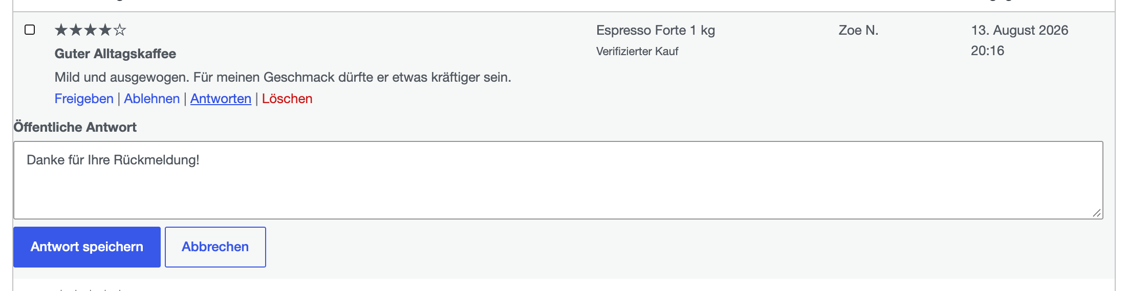 Feld „Öffentliche Antwort“ unter einer Bewertung