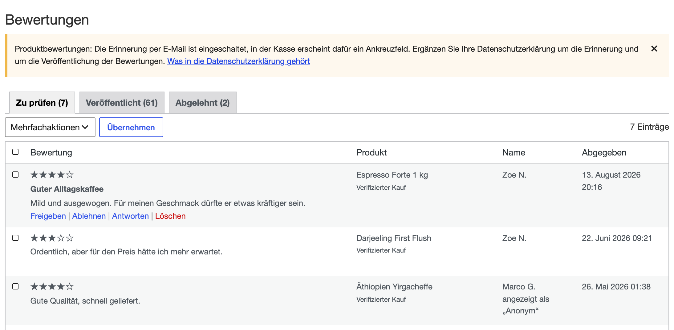 Bewertungen im Backend, Reiter „Zu prüfen“, mit den Aktionen unter der ersten Bewertung