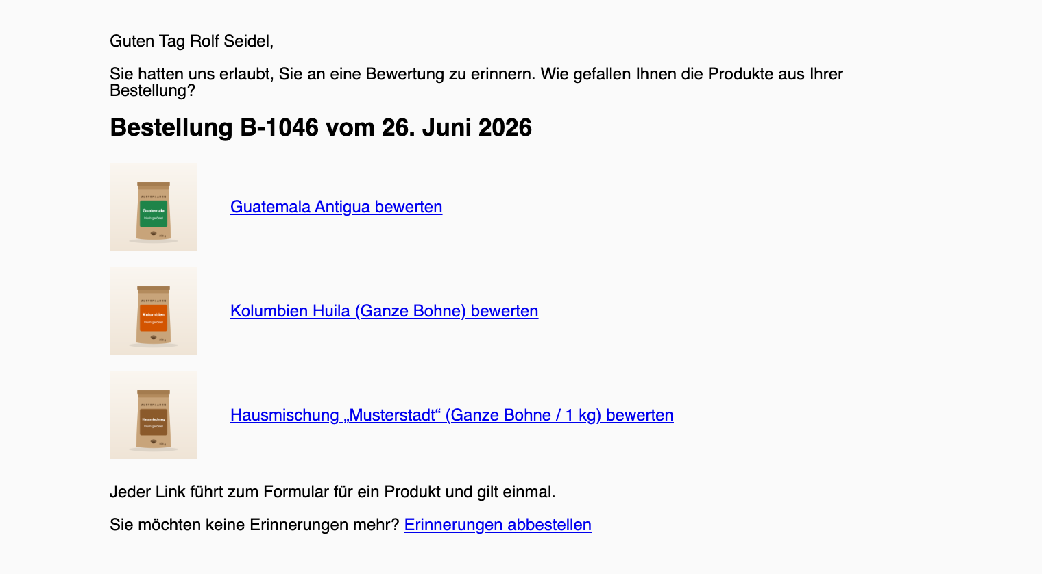 Erinnerungsmail mit drei Produkten
