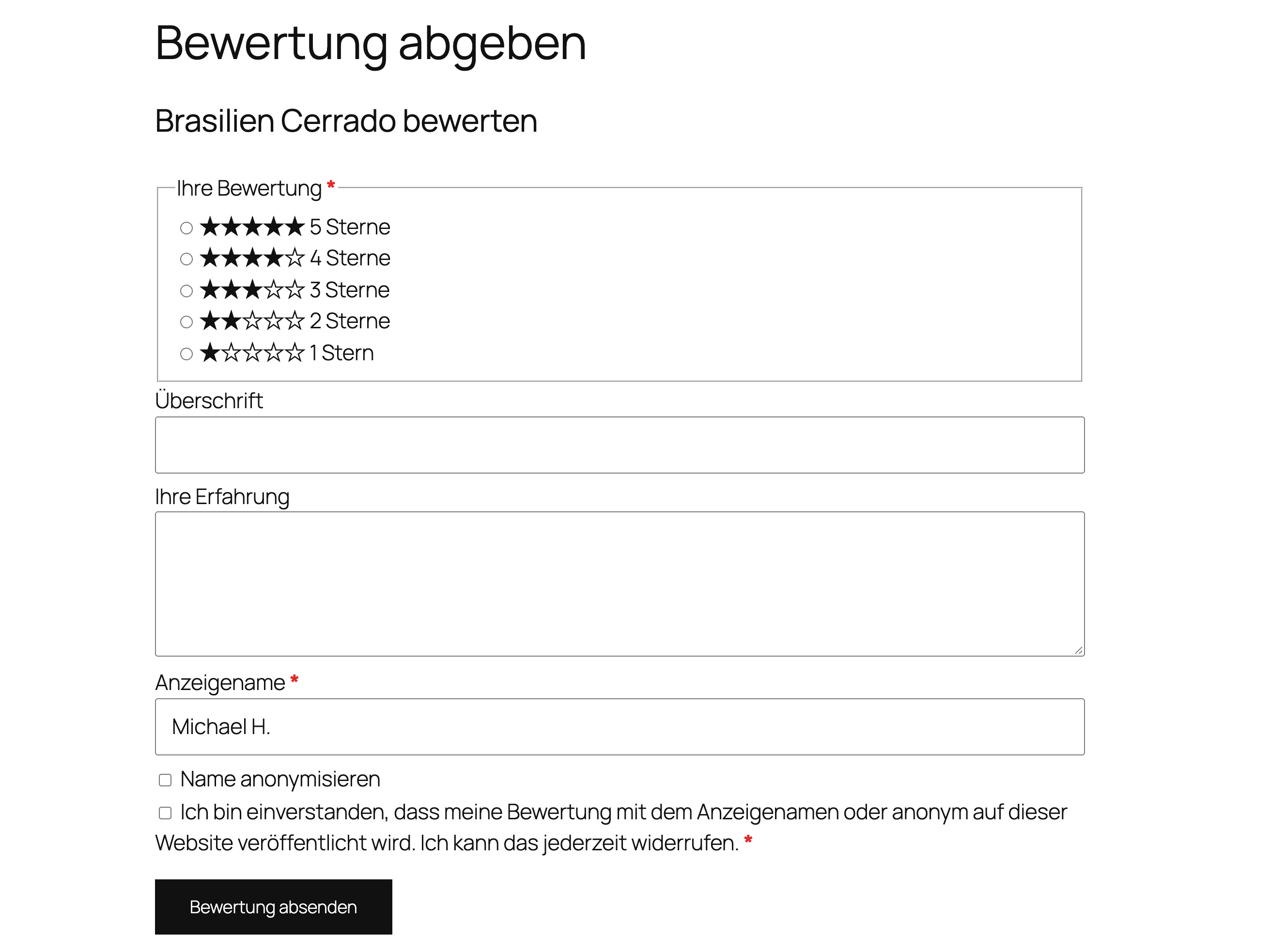 Formular auf der Seite „Bewertung abgeben“